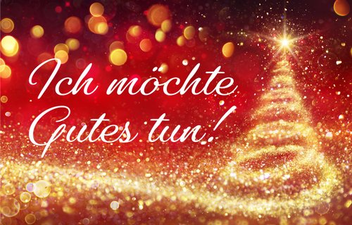 Ein leuchtender Weihnachtsbaum aus einem goldenen Lichtstrahl auf roten Hintergrund.