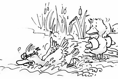 Eine Ente überschätzt ihre Kraft und planscht erschöpft im Wasser. Zum Ausmalen.