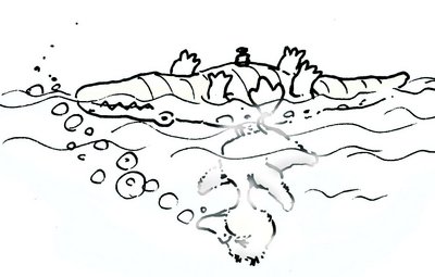 Ente hängt unter Wasser unter einer umgekippten Krokodil-Luftmatratze fest. Zum Ausmalen.