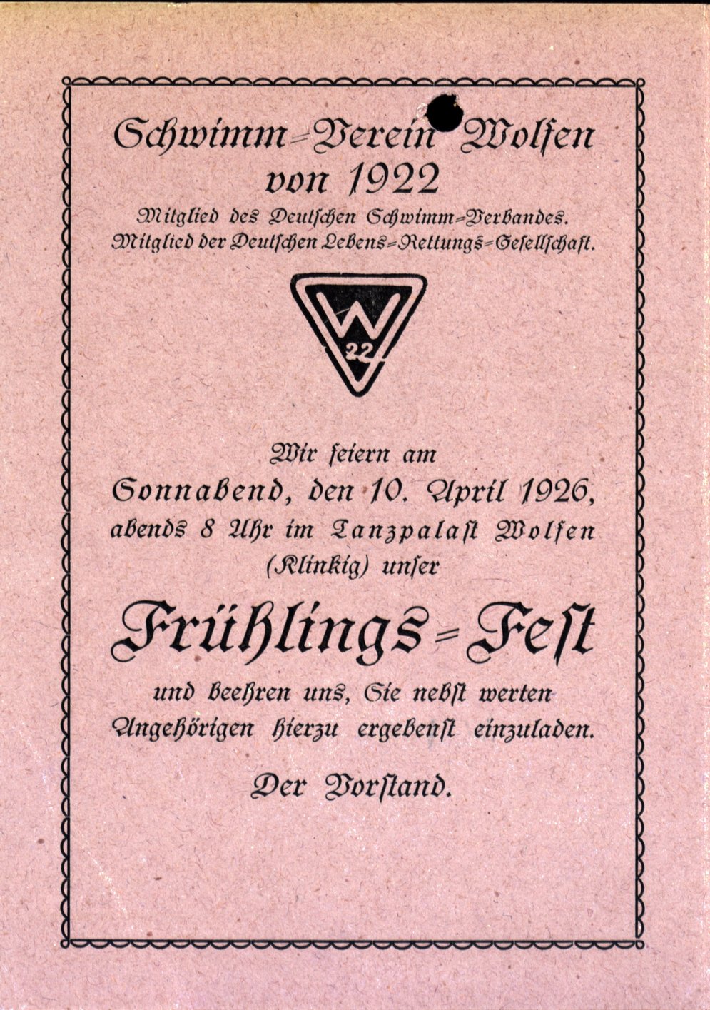 Einladung zum Frühlingsfest des Schwimmvereins Wolfen.