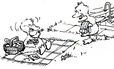 Eine Ente isst auf einer Picknick-Decke und will nicht ins Wasser gehen. Zum Ausmalen.