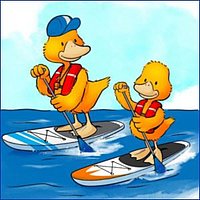 Gezeichnetes Bild von zwei Enten auf einem Board.