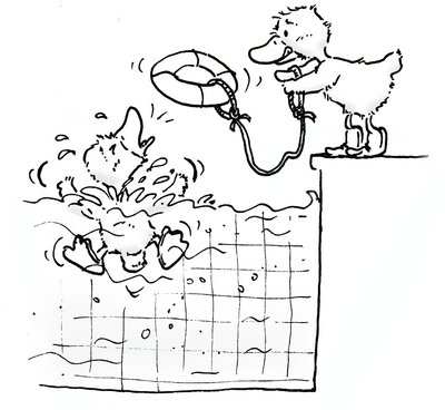 Eine Ente am Beckenrand wirft einer Ente im Wasser einen Rettungsring zu. Zum Ausmalen.