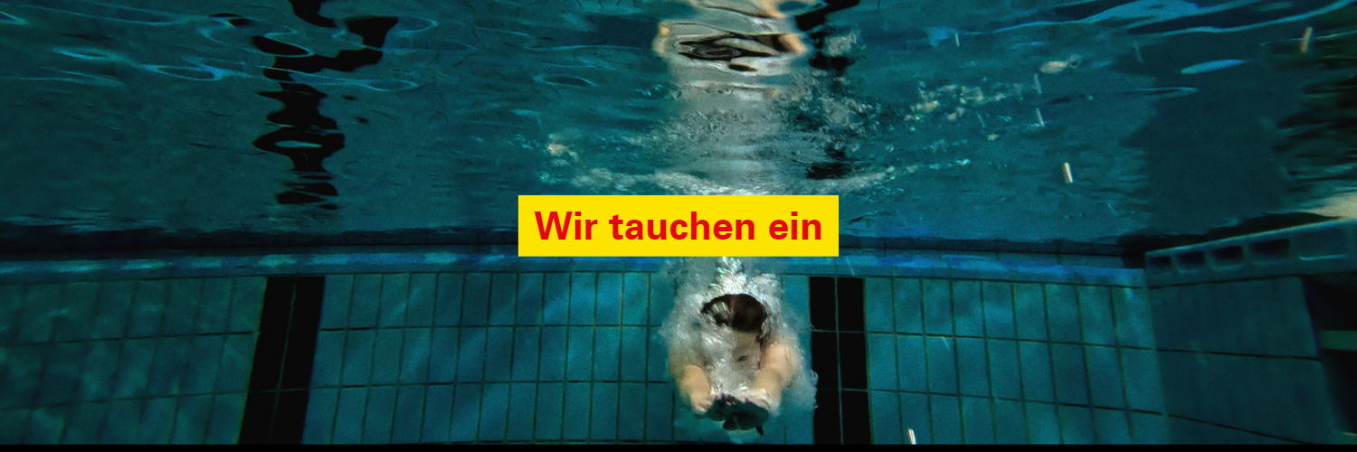 Fotostory Teil 1: Mädchen taucht ein in Schwimmbecken. Text: Wir tauchen ein
